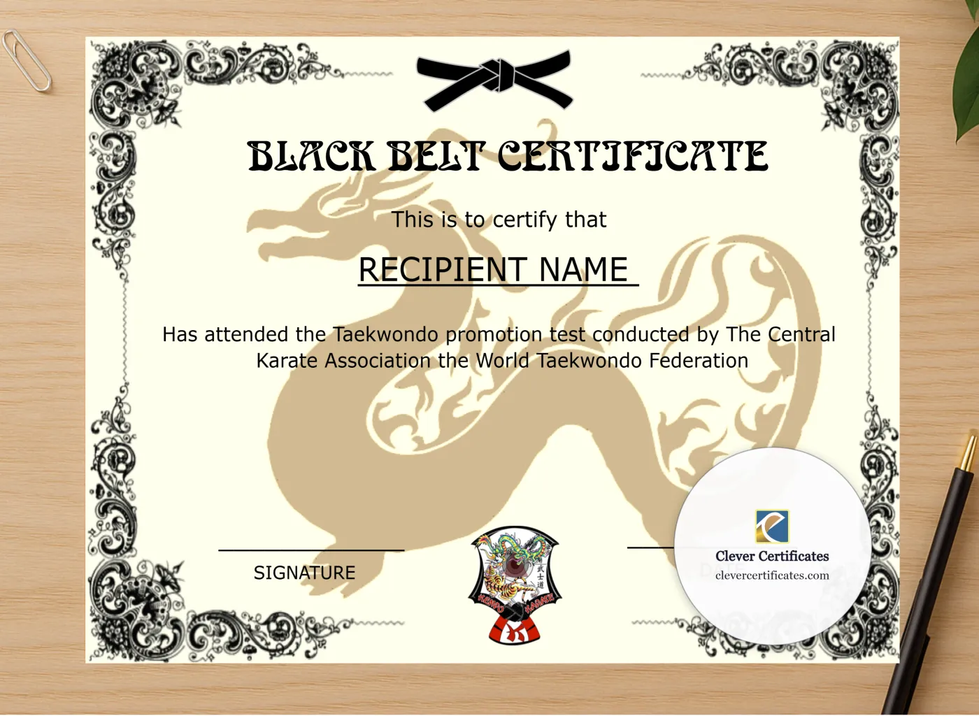 Professional preview of Printable Martial Arts Certificate certificate on high-quality stationery paper, ideal for showcasing the final look.