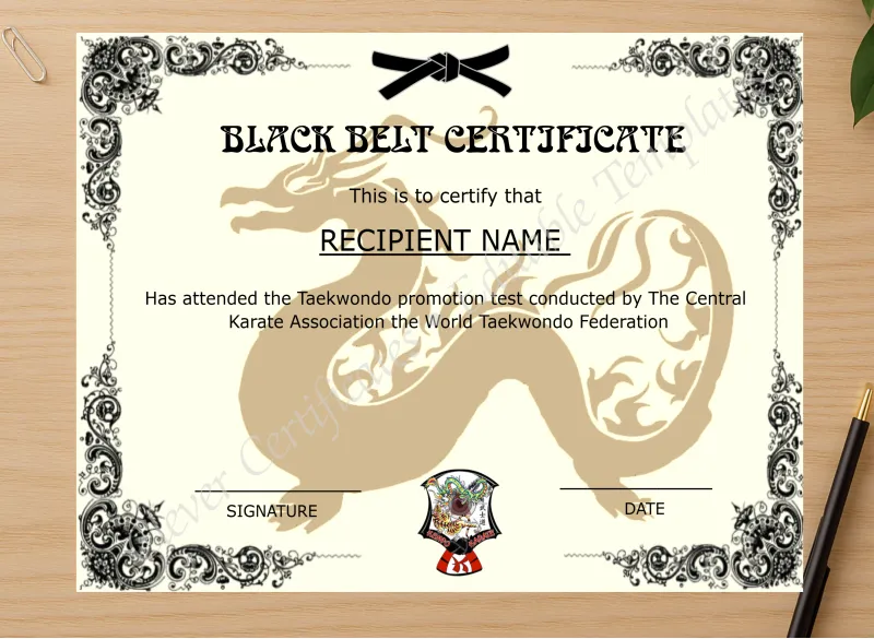 Professional preview of Printable Martial Arts Certificate certificate on high-quality stationery paper, ideal for showcasing the final look.