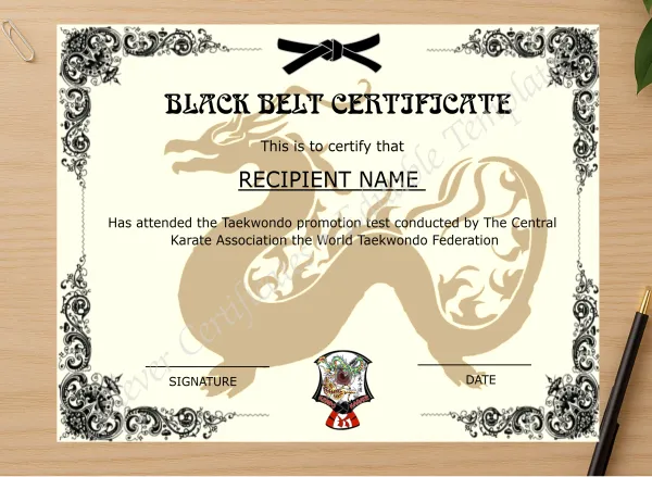Professional preview of Printable Martial Arts Certificate certificate on high-quality stationery paper, ideal for showcasing the final look.