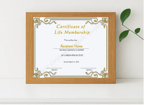 Realistic mockup featuring Printable Life Membership Certificate displayed within a modern frame, set against a minimalistic background.