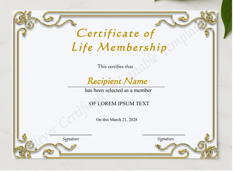 Printable Life Membership Certificate presented in a sleek wooden frame, elegantly arranged on a stylish table.