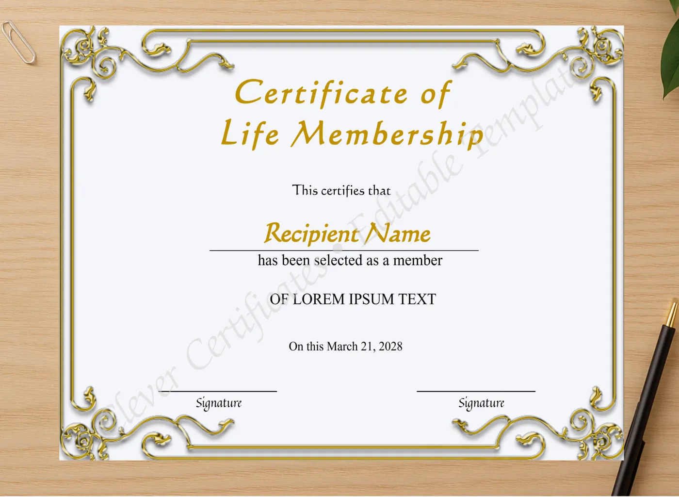Professional preview of Printable Life Membership Certificate certificate on high-quality stationery paper, ideal for showcasing the final look.