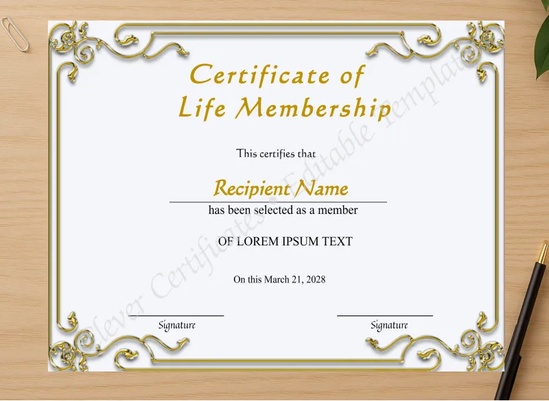 Professional preview of Printable Life Membership Certificate certificate on high-quality stationery paper, ideal for showcasing the final look.