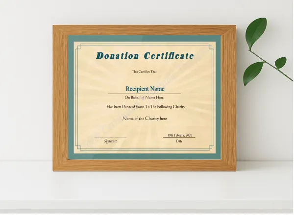 Realistic mockup featuring Printable Certificate Of Donation displayed within a modern frame, set against a minimalistic background.