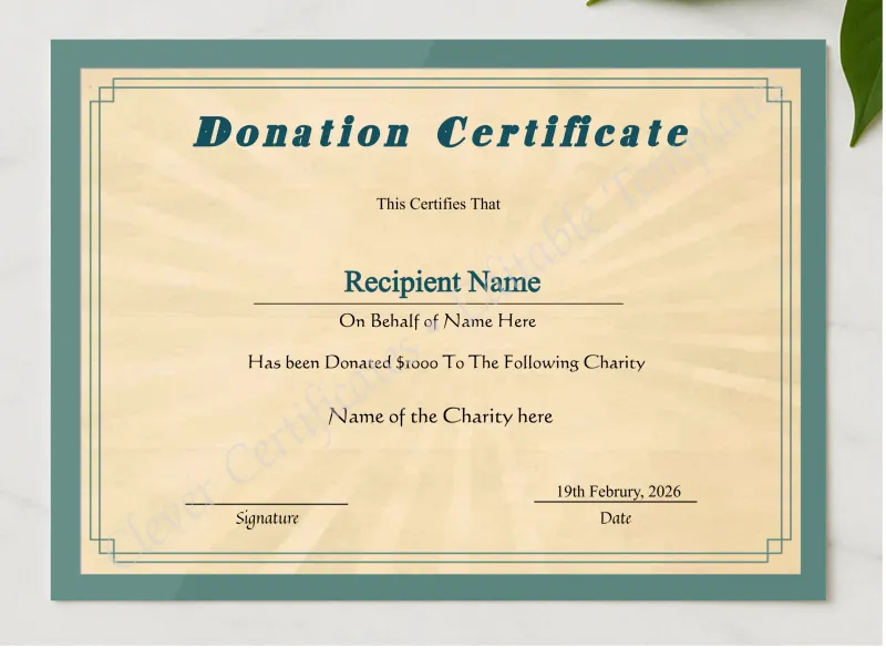 Printable Certificate Of Donation presented in a sleek wooden frame, elegantly arranged on a stylish table.