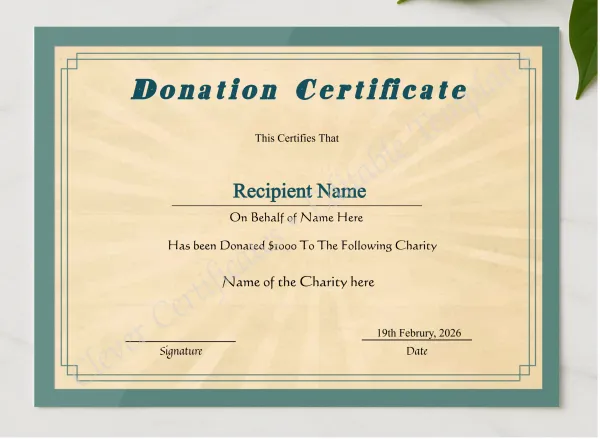 Printable Certificate Of Donation presented in a sleek wooden frame, elegantly arranged on a stylish table.