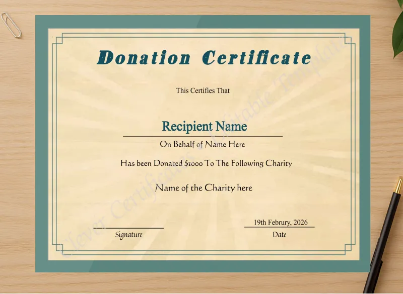 Professional preview of Printable Certificate Of Donation certificate on high-quality stationery paper, ideal for showcasing the final look.