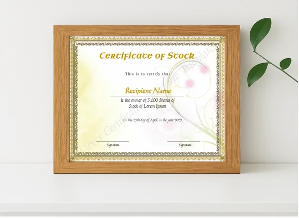 Realistic mockup featuring Printable Stock Certificate displayed within a modern frame, set against a minimalistic background.