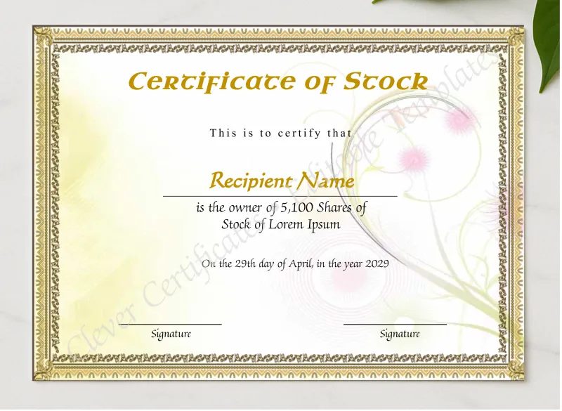 Printable Stock Certificate presented in a sleek wooden frame, elegantly arranged on a stylish table.