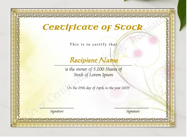 Printable Stock Certificate presented in a sleek wooden frame, elegantly arranged on a stylish table.
