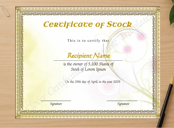 Professional preview of Printable Stock Certificate certificate on high-quality stationery paper, ideal for showcasing the final look.