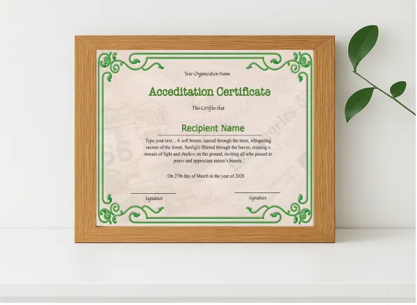 Realistic mockup featuring Pritnable Certificate Of Accreditation displayed within a modern frame, set against a minimalistic background.