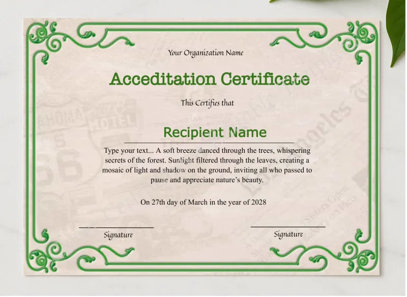 Pritnable Certificate Of Accreditation presented in a sleek wooden frame, elegantly arranged on a stylish table.
