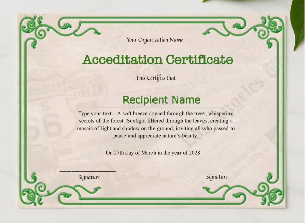 Pritnable Certificate Of Accreditation presented in a sleek wooden frame, elegantly arranged on a stylish table.
