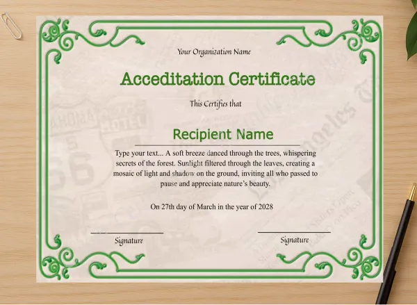Professional preview of Pritnable Certificate Of Accreditation certificate on high-quality stationery paper, ideal for showcasing the final look.