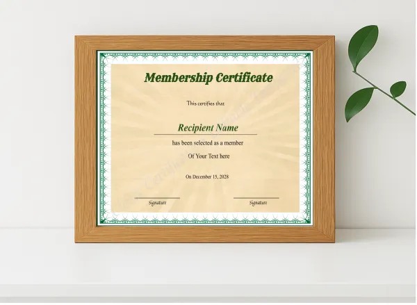 Realistic mockup featuring Printable Certificate Of Membership displayed within a modern frame, set against a minimalistic background.