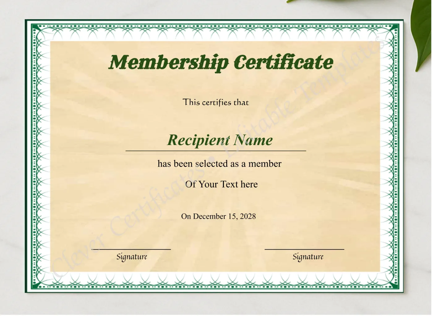 Printable Certificate Of Membership presented in a sleek wooden frame, elegantly arranged on a stylish table.