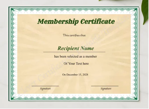 Printable Certificate Of Membership presented in a sleek wooden frame, elegantly arranged on a stylish table.