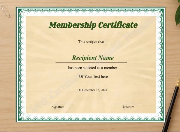 Professional preview of Printable Certificate Of Membership certificate on high-quality stationery paper, ideal for showcasing the final look.