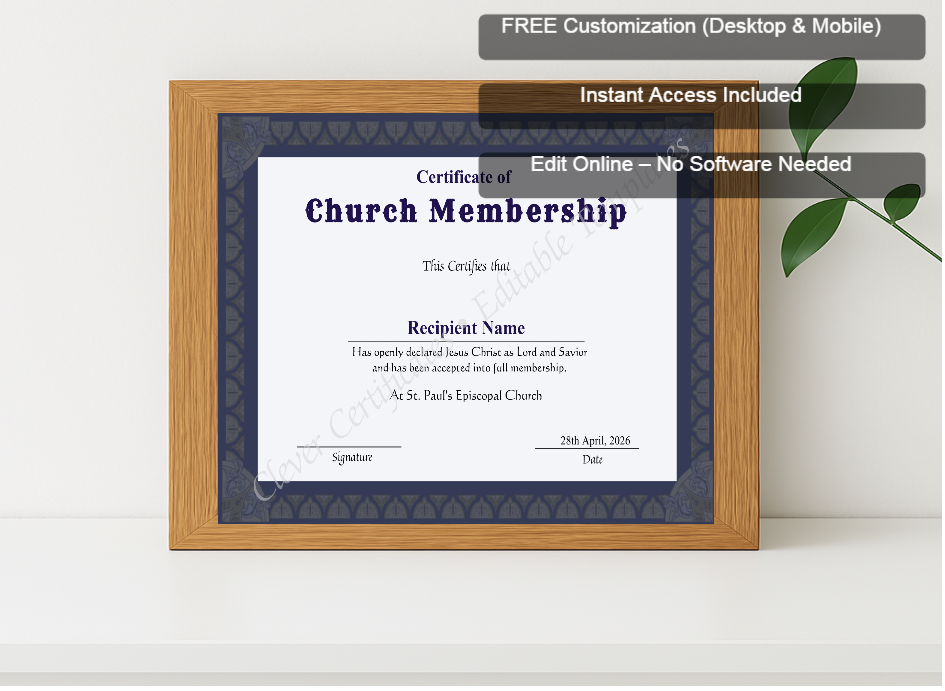 Premium mockup with Free Editor badge stack for Printable Church Membership Certificate