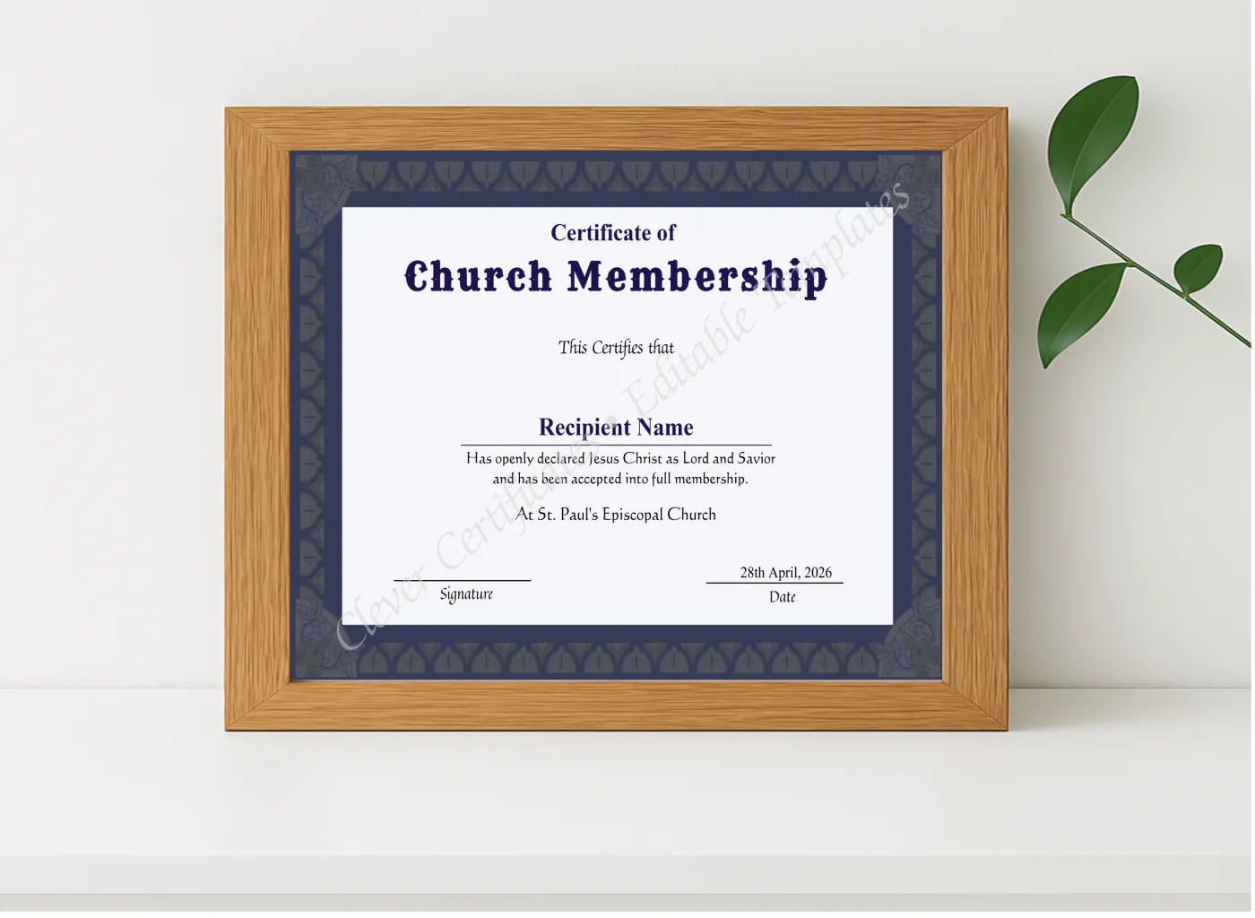 Realistic mockup featuring Printable Church Membership Certificate displayed within a modern frame, set against a minimalistic background.