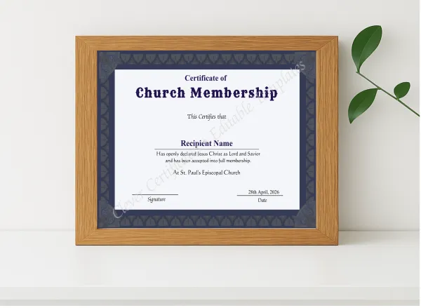 Realistic mockup featuring Printable Church Membership Certificate displayed within a modern frame, set against a minimalistic background.