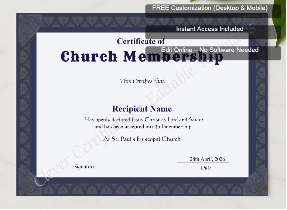 Framed preview featuring Free Editor badge stack for Printable Church Membership Certificate