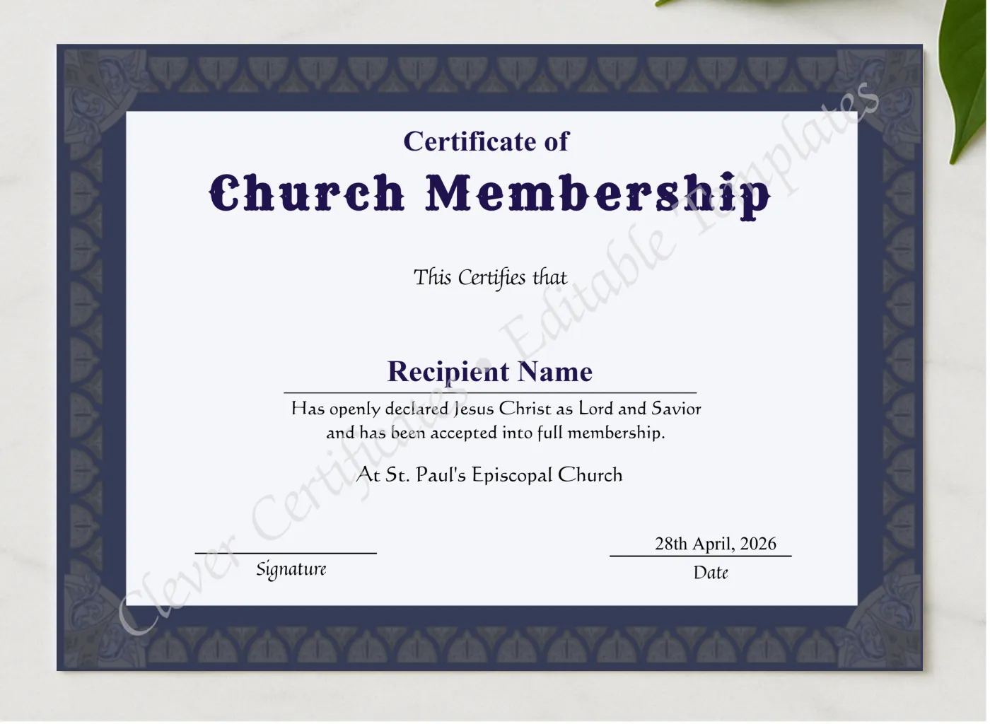Printable Church Membership Certificate presented in a sleek wooden frame, elegantly arranged on a stylish table.