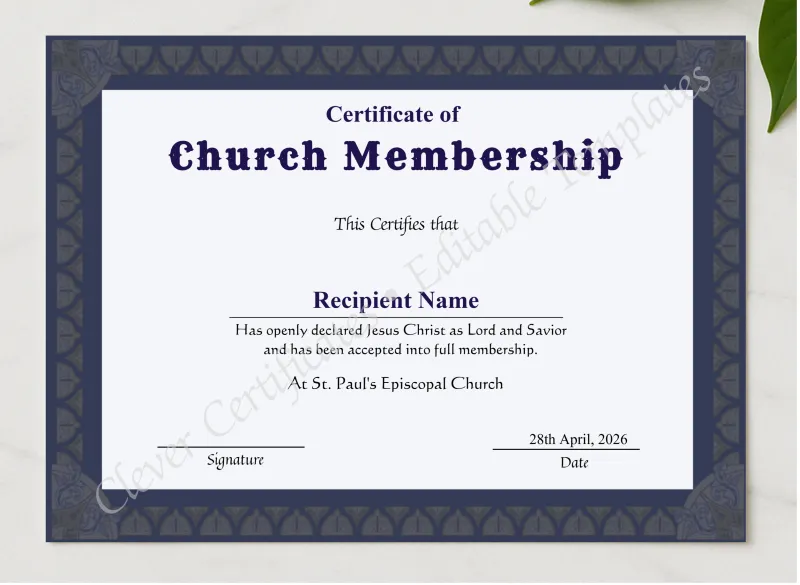 Printable Church Membership Certificate presented in a sleek wooden frame, elegantly arranged on a stylish table.