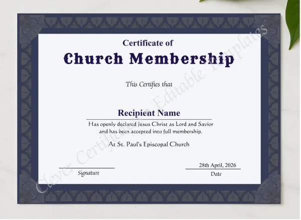 Printable Church Membership Certificate presented in a sleek wooden frame, elegantly arranged on a stylish table.