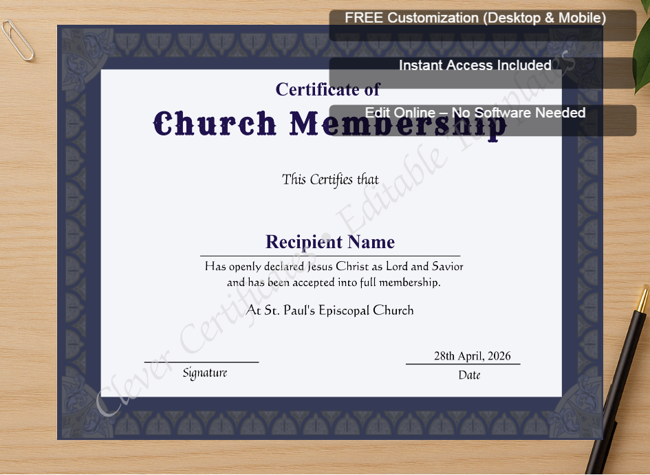 Zoomed preview with Free Editor badge stack for Printable Church Membership Certificate