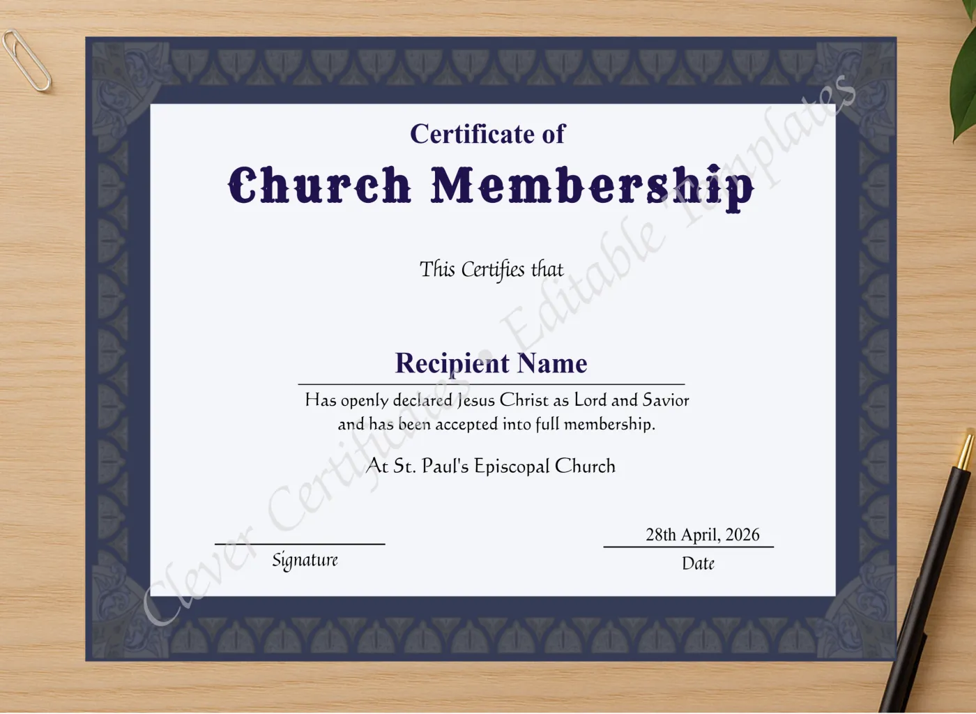 Professional preview of Printable Church Membership Certificate certificate on high-quality stationery paper, ideal for showcasing the final look.