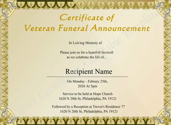 Printable Veteran Funeral Announcement Certificate
