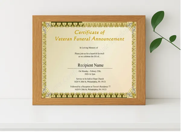 Realistic mockup featuring Printable Veteran Funeral Announcement Certificate displayed within a modern frame, set against a minimalistic background.