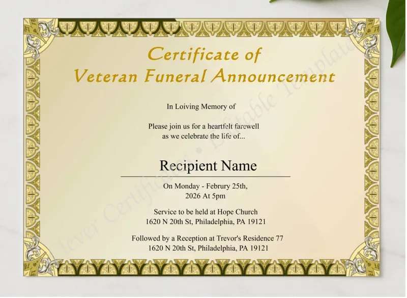Printable Veteran Funeral Announcement Certificate presented in a sleek wooden frame, elegantly arranged on a stylish table.