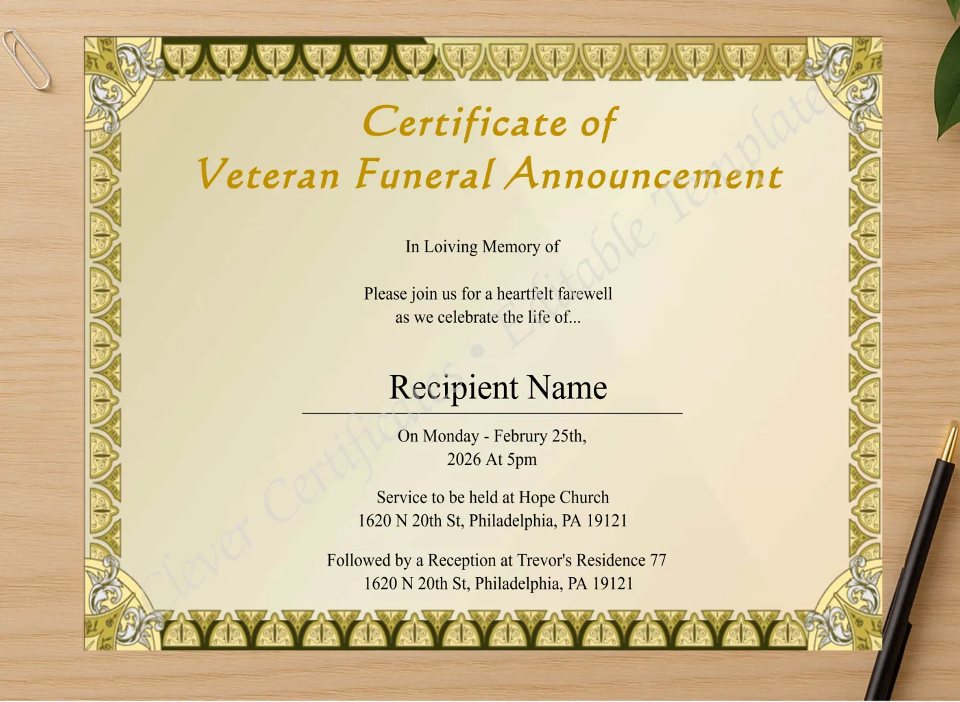 Professional preview of Printable Veteran Funeral Announcement Certificate certificate on high-quality stationery paper, ideal for showcasing the final look.