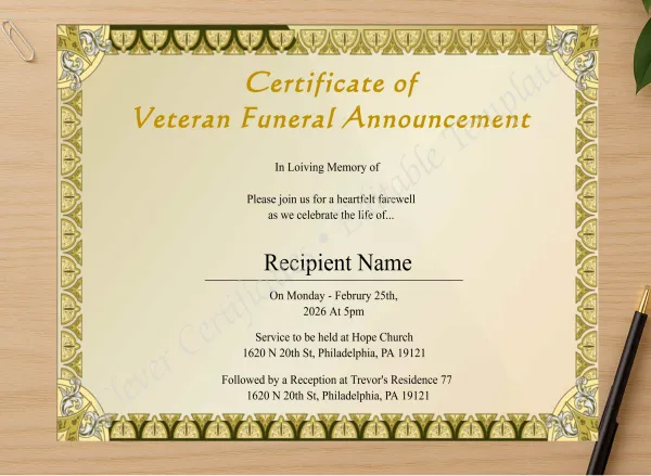 Professional preview of Printable Veteran Funeral Announcement Certificate certificate on high-quality stationery paper, ideal for showcasing the final look.