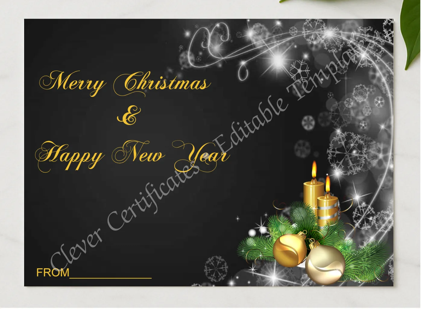 Beautiful Christmas Card presented in a sleek wooden frame, elegantly arranged on a stylish table.