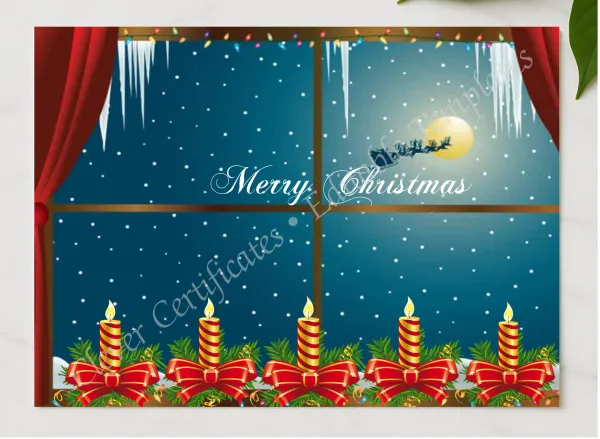 Printable Merry Christmas Card presented in a sleek wooden frame, elegantly arranged on a stylish table.