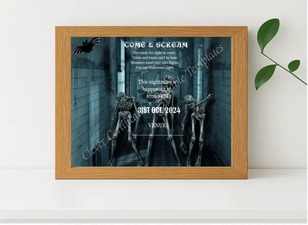 Realistic mockup featuring Printable Halloween Theme Invitation displayed within a modern frame, set against a minimalistic background.