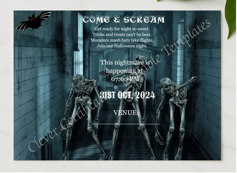 Printable Halloween Theme Invitation presented in a sleek wooden frame, elegantly arranged on a stylish table.