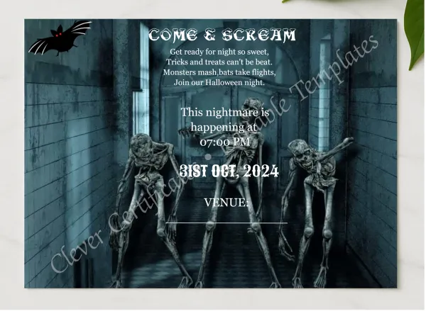 Printable Halloween Theme Invitation presented in a sleek wooden frame, elegantly arranged on a stylish table.