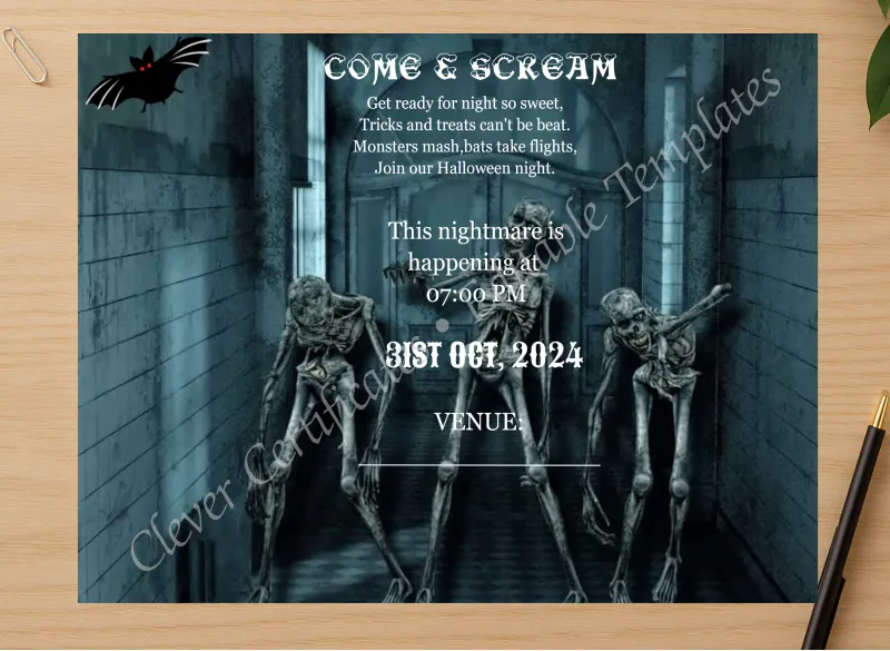 Professional preview of Printable Halloween Theme Invitation certificate on high-quality stationery paper, ideal for showcasing the final look.