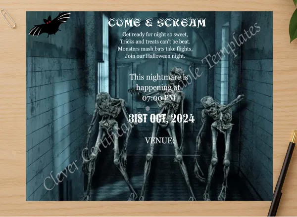 Professional preview of Printable Halloween Theme Invitation certificate on high-quality stationery paper, ideal for showcasing the final look.