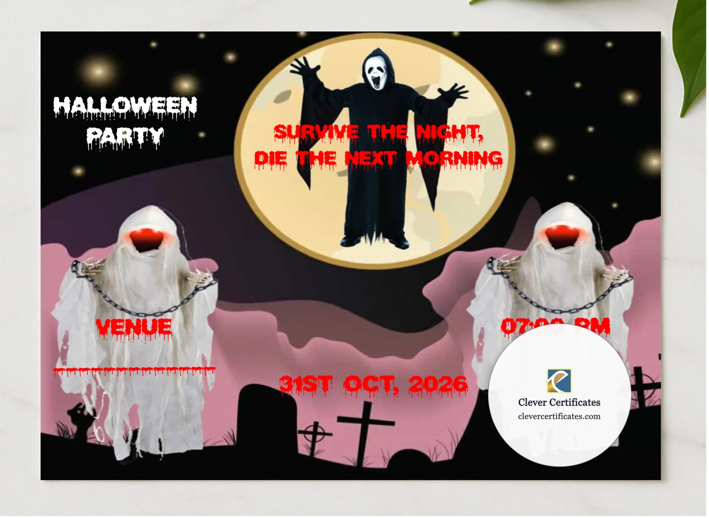 Halloween Zombie Invitation presented in a sleek wooden frame, elegantly arranged on a stylish table.