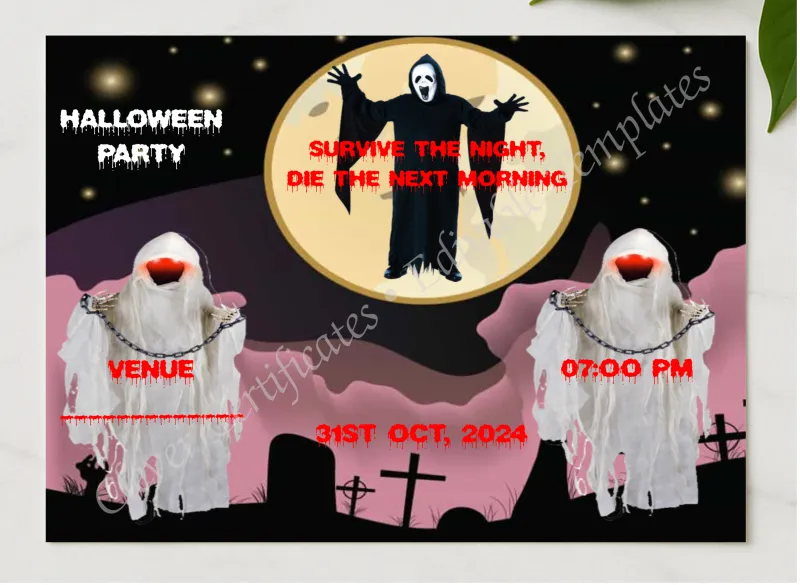 Halloween Zombie Invitation presented in a sleek wooden frame, elegantly arranged on a stylish table.