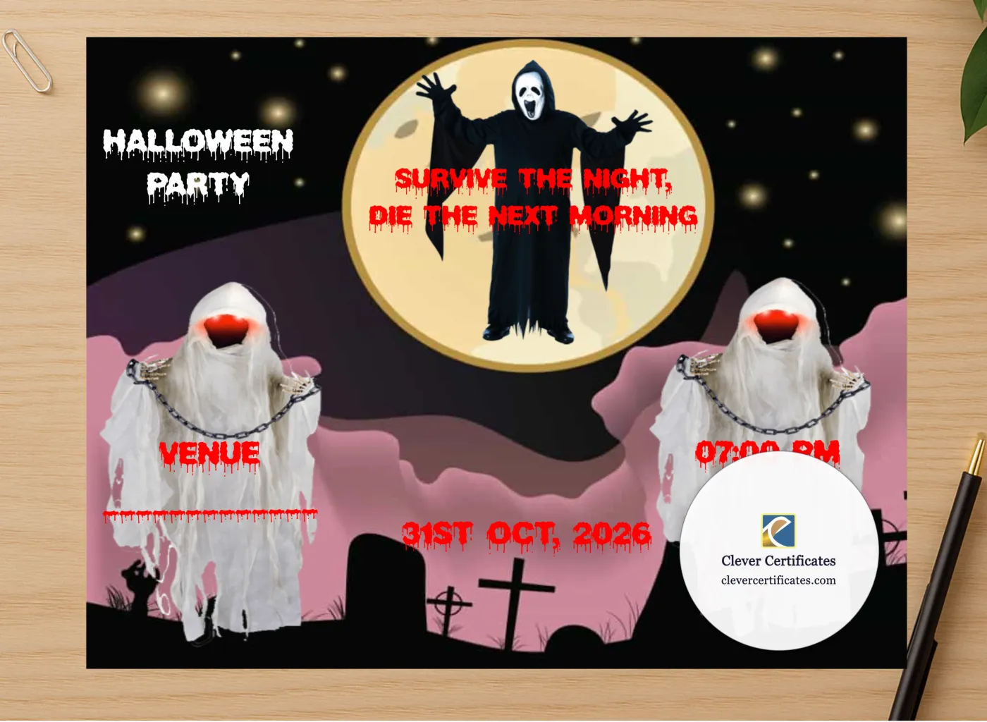 Professional preview of Halloween Zombie Invitation certificate on high-quality stationery paper, ideal for showcasing the final look.