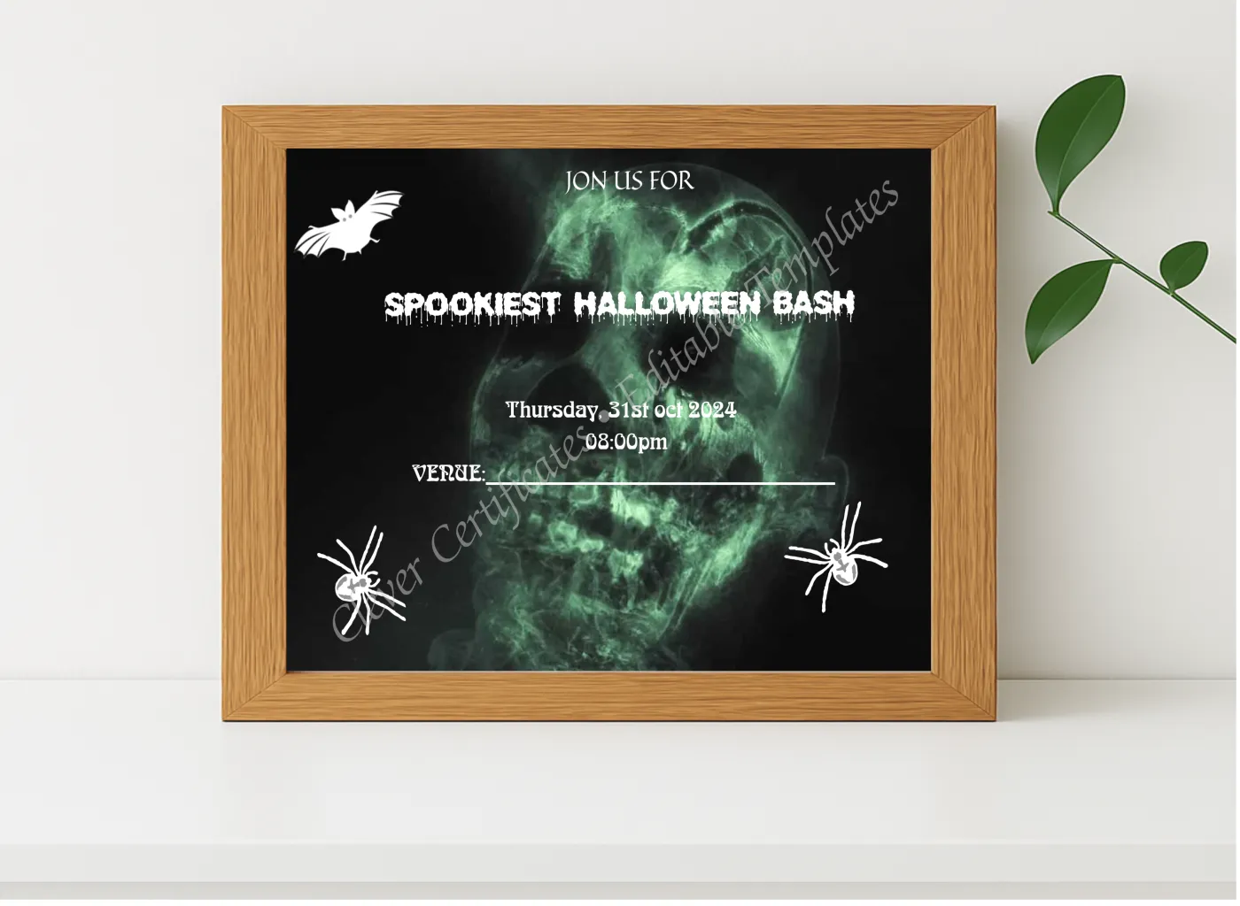 Realistic mockup featuring Spookiest Halloween Invitation displayed within a modern frame, set against a minimalistic background.
