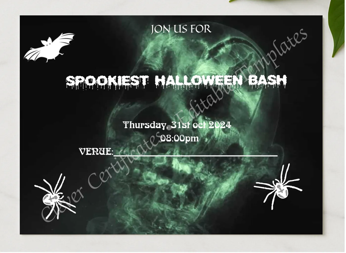 Spookiest Halloween Invitation presented in a sleek wooden frame, elegantly arranged on a stylish table.