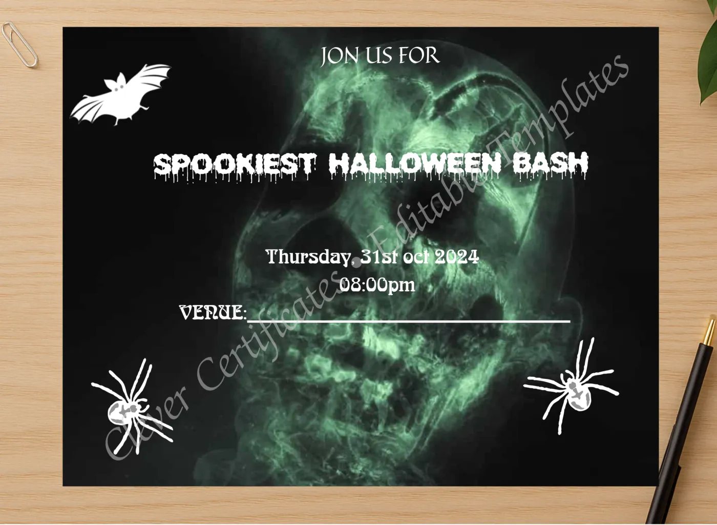 Professional preview of Spookiest Halloween Invitation certificate on high-quality stationery paper, ideal for showcasing the final look.